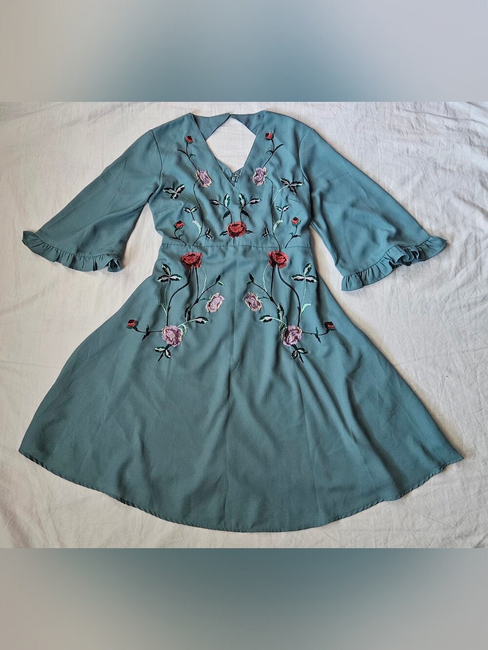 ASOS Fairycore Teal Green Embroidered Floral Dress Cutout Back Indie 6
